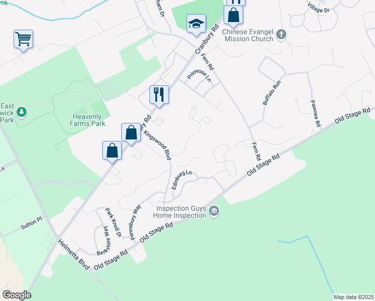 map of restaurants, bars, coffee shops, grocery stores, and more near 601 Commons at Kingswood Drive in East Brunswick