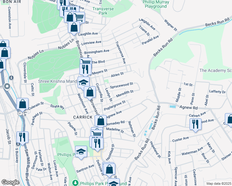 map of restaurants, bars, coffee shops, grocery stores, and more near 221 Meredith Street in Pittsburgh