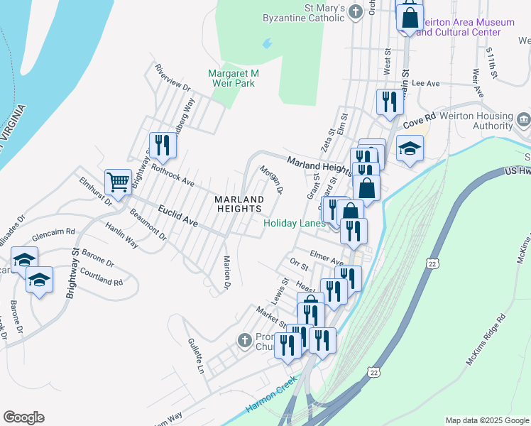 map of restaurants, bars, coffee shops, grocery stores, and more near 3658 Morgan Drive in Weirton