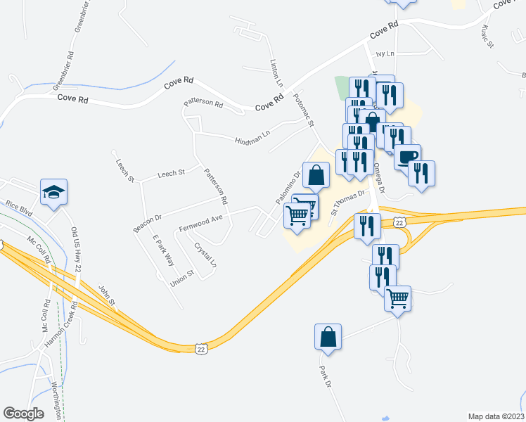 map of restaurants, bars, coffee shops, grocery stores, and more near 11 Fernwood Drive in Weirton