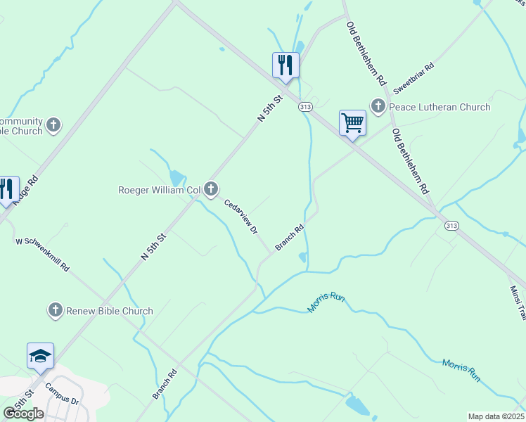 map of restaurants, bars, coffee shops, grocery stores, and more near 2002 Evergreen Drive in Perkasie