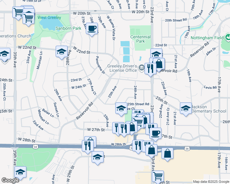 map of restaurants, bars, coffee shops, grocery stores, and more near 2440 25th Avenue in Greeley