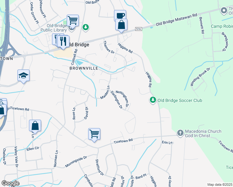 map of restaurants, bars, coffee shops, grocery stores, and more near 66 Nottingham Drive in Old Bridge