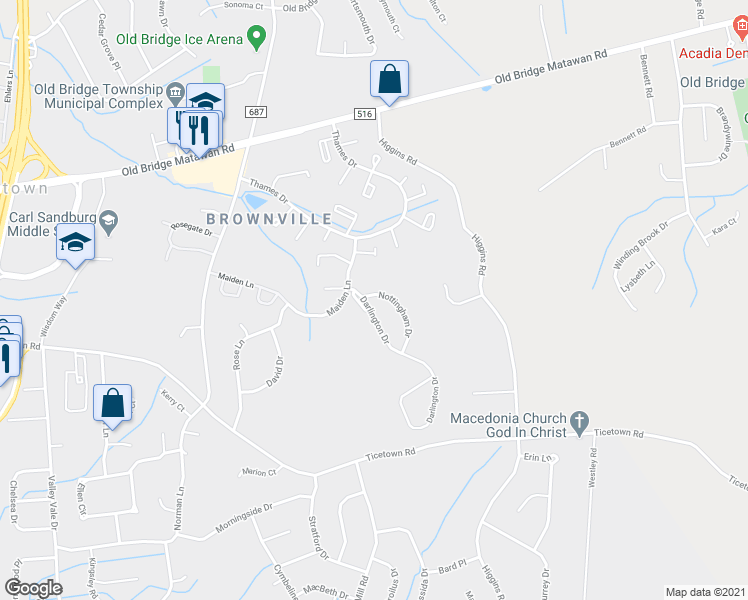 map of restaurants, bars, coffee shops, grocery stores, and more near 66 Nottingham Drive in Old Bridge