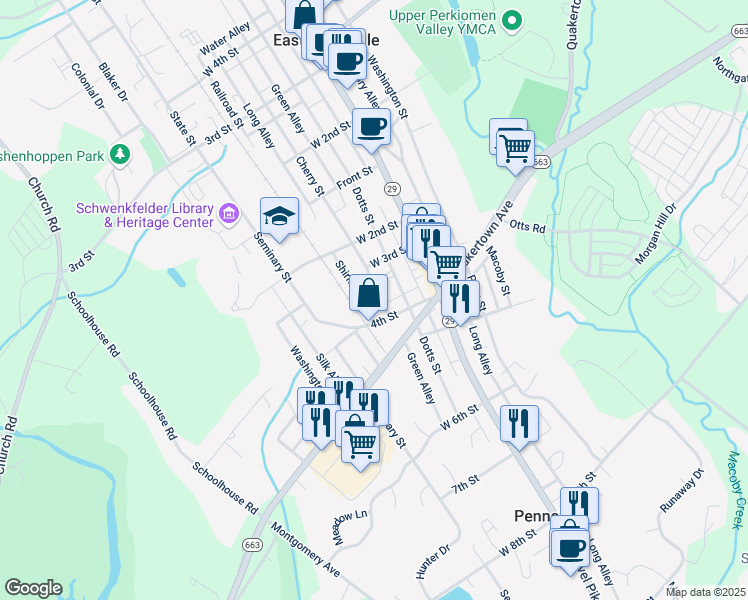 map of restaurants, bars, coffee shops, grocery stores, and more near 371 Cherry Street in Pennsburg