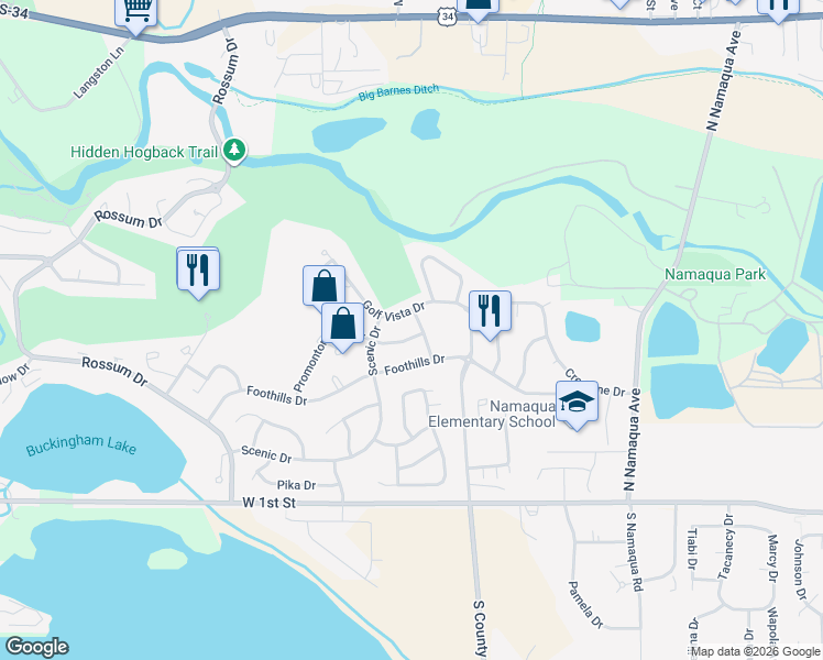 map of restaurants, bars, coffee shops, grocery stores, and more near 4125 Lookout Drive in Loveland