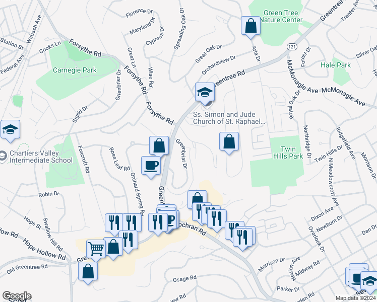 map of restaurants, bars, coffee shops, grocery stores, and more near 31 Green Tree Road in Pittsburgh