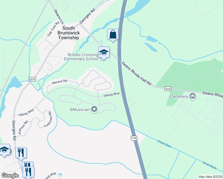 map of restaurants, bars, coffee shops, grocery stores, and more near 38 Lexington Road in South Brunswick Township