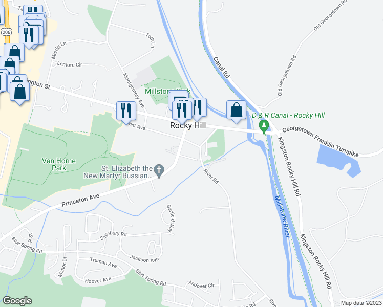 map of restaurants, bars, coffee shops, grocery stores, and more near 14 Grove Street in Rocky Hill