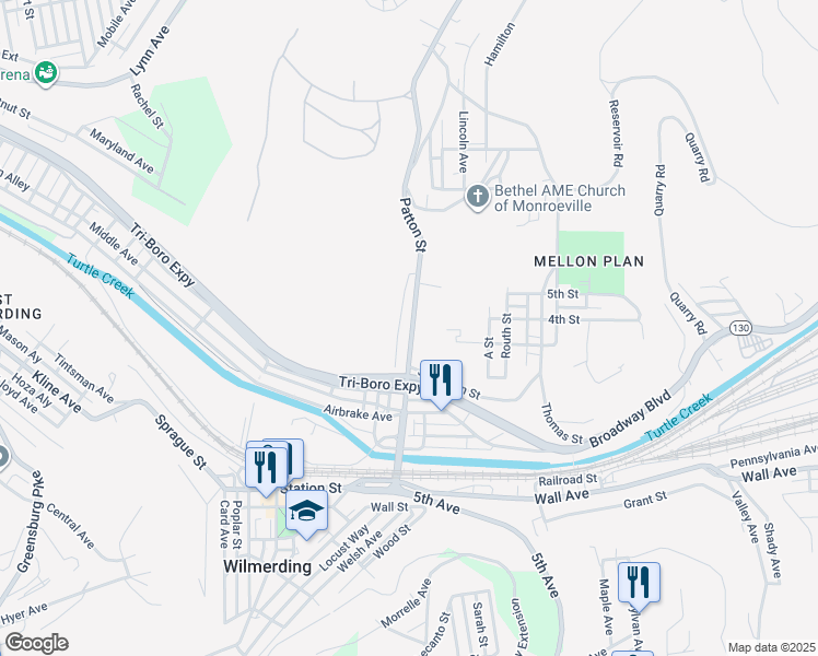 map of restaurants, bars, coffee shops, grocery stores, and more near 429 Patton Street in Wilmerding