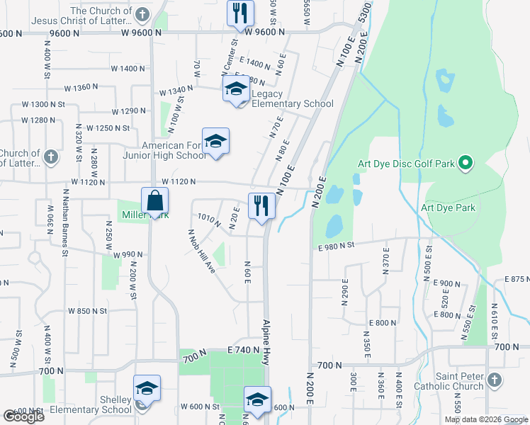 map of restaurants, bars, coffee shops, grocery stores, and more near 1065 North 100 East in American Fork