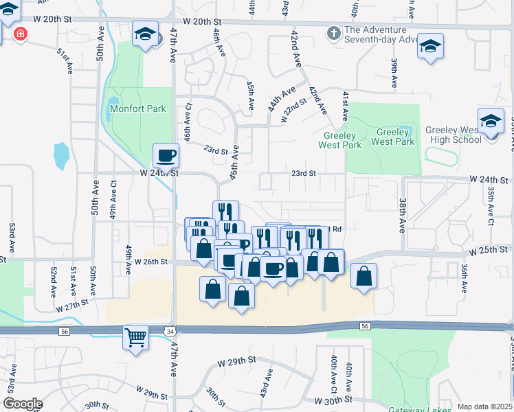 map of restaurants, bars, coffee shops, grocery stores, and more near 4460 West 23rd Street Drive in Greeley