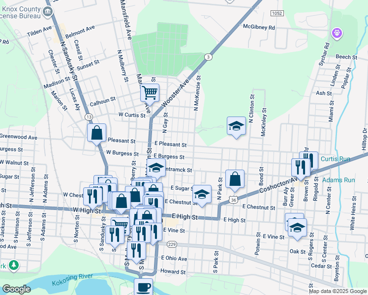 map of restaurants, bars, coffee shops, grocery stores, and more near 112 East Pleasant Street in Mount Vernon