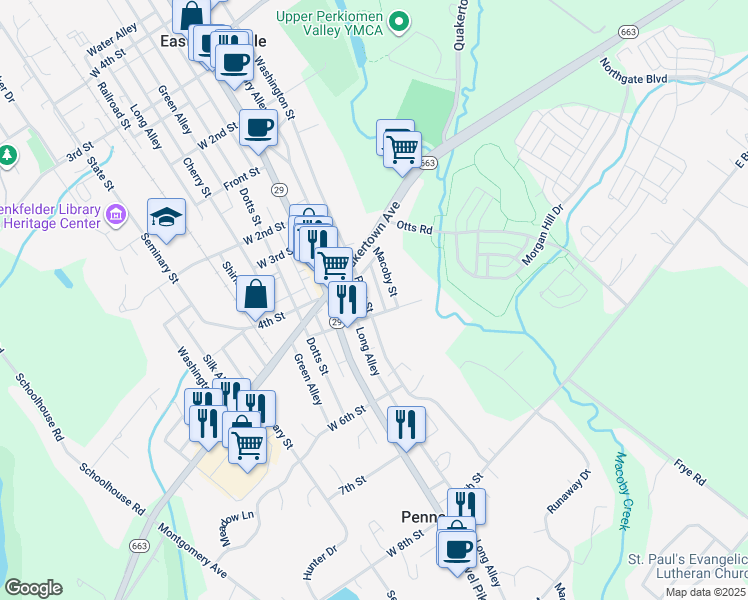 map of restaurants, bars, coffee shops, grocery stores, and more near 468 Penn Street in Pennsburg