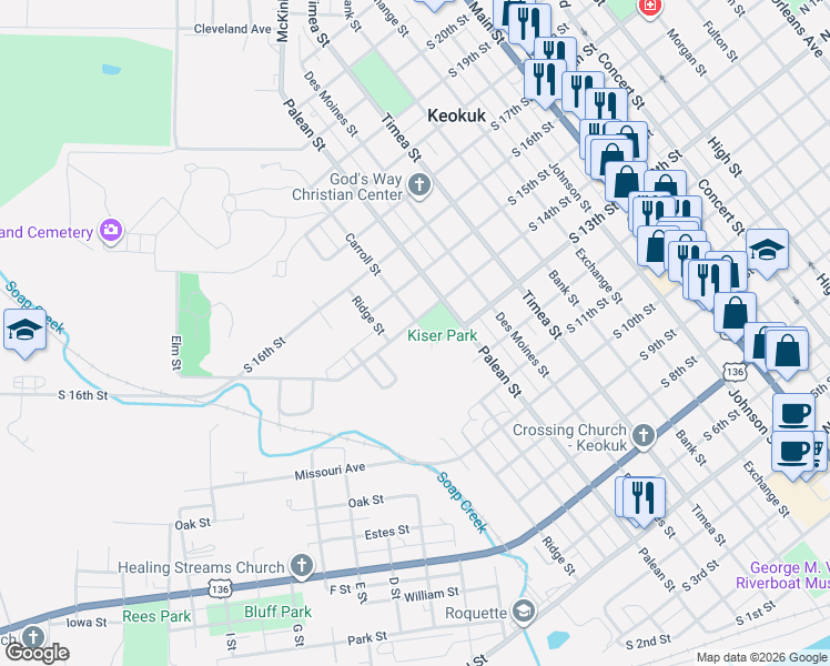 map of restaurants, bars, coffee shops, grocery stores, and more near 1322 Carroll Street in Keokuk