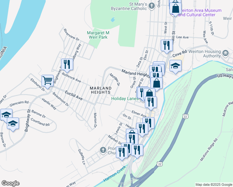 map of restaurants, bars, coffee shops, grocery stores, and more near 3658 Morgan Dr in Weirton