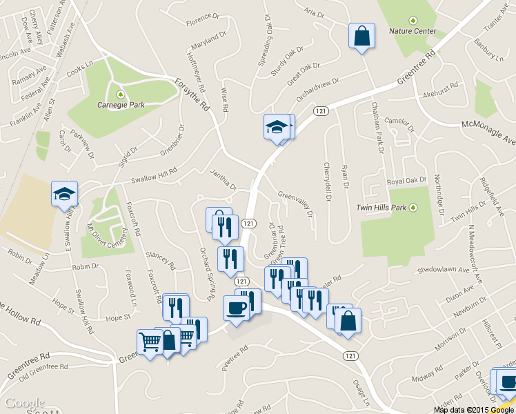 map of restaurants, bars, coffee shops, grocery stores, and more near 1813 Greentree Road in Pittsburgh