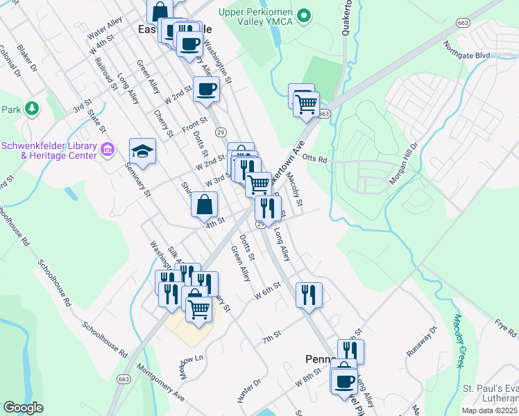 map of restaurants, bars, coffee shops, grocery stores, and more near 404 Main Street in Pennsburg