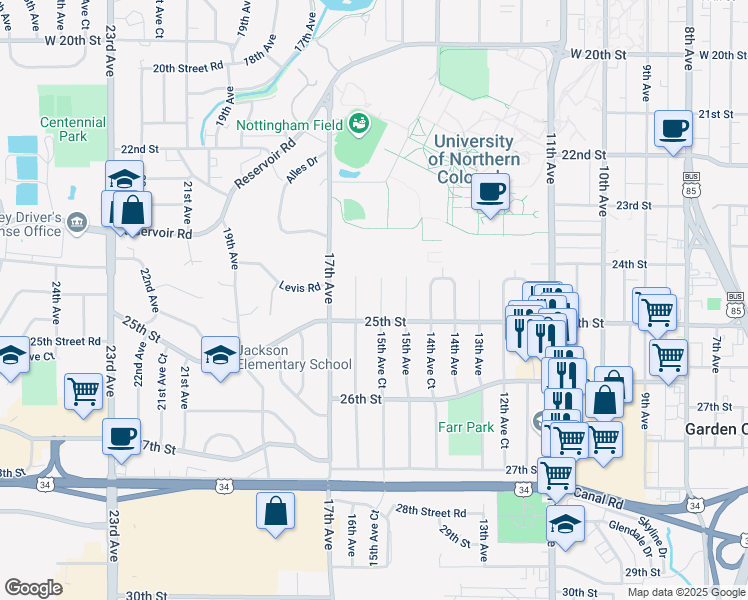 map of restaurants, bars, coffee shops, grocery stores, and more near 2425 15th Avenue Court in Greeley