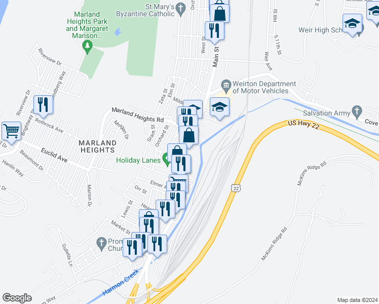 map of restaurants, bars, coffee shops, grocery stores, and more near 3644 Main Street in Weirton