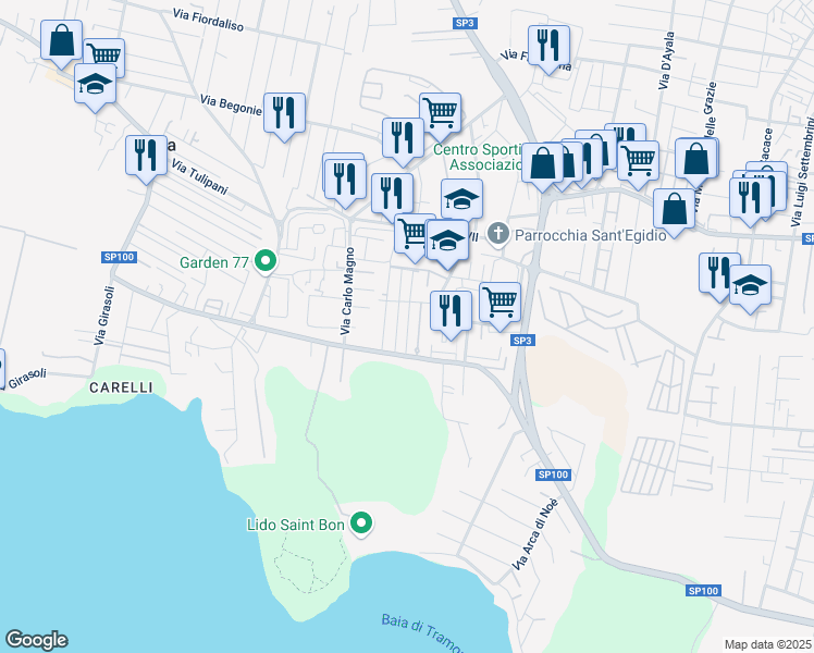 map of restaurants, bars, coffee shops, grocery stores, and more near 7 Via Santo Stefano in Taranto