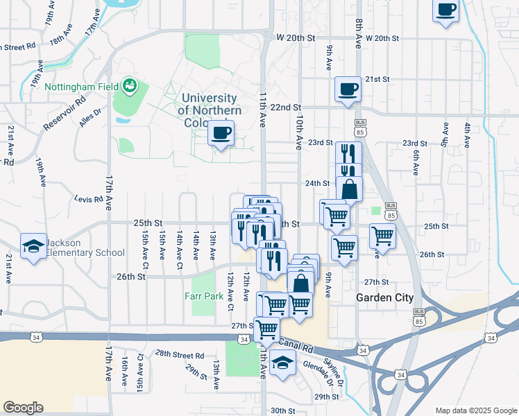 map of restaurants, bars, coffee shops, grocery stores, and more near 2429 11th Avenue in Greeley