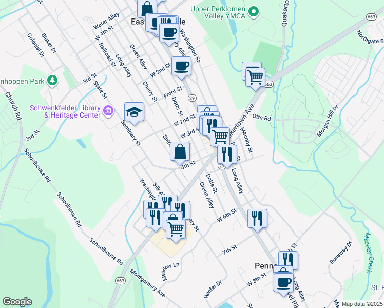 map of restaurants, bars, coffee shops, grocery stores, and more near 345 Dotts Street in Pennsburg