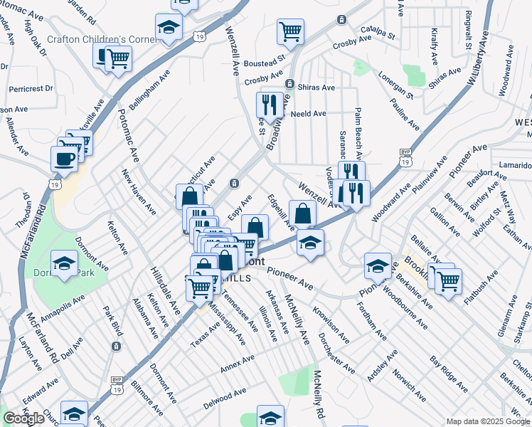 map of restaurants, bars, coffee shops, grocery stores, and more near 2700 Miles Avenue in Pittsburgh