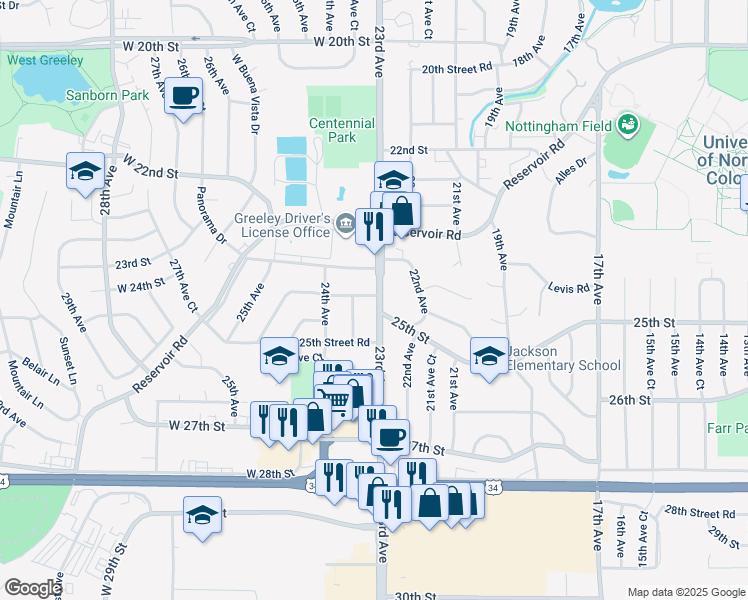 map of restaurants, bars, coffee shops, grocery stores, and more near 2304 West 24th Street Road in Greeley