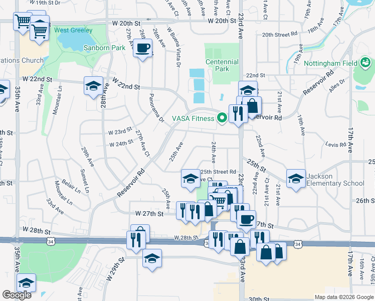 map of restaurants, bars, coffee shops, grocery stores, and more near 2440 25th Avenue in Greeley