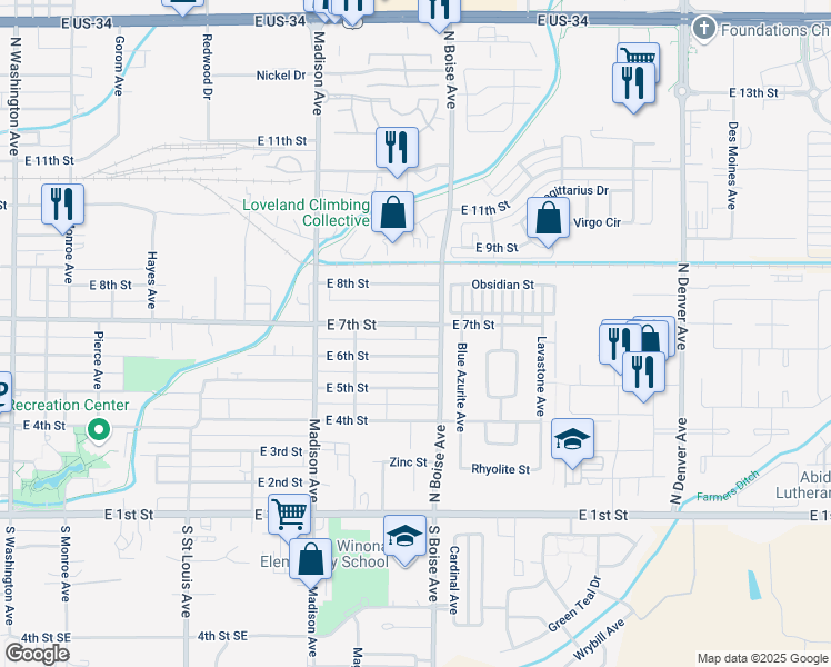 map of restaurants, bars, coffee shops, grocery stores, and more near 1408 East 7th Street in Loveland