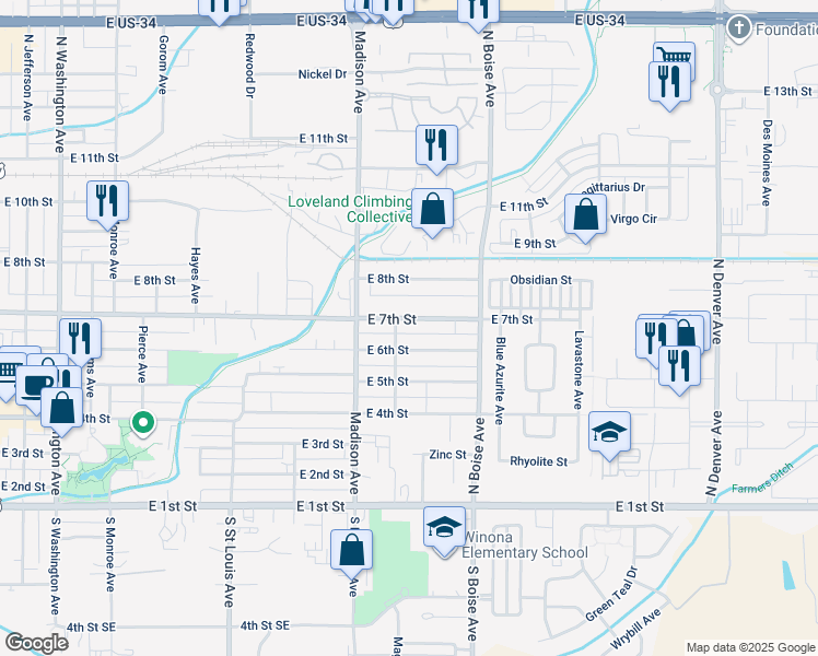 map of restaurants, bars, coffee shops, grocery stores, and more near 620 Albany Avenue in Loveland