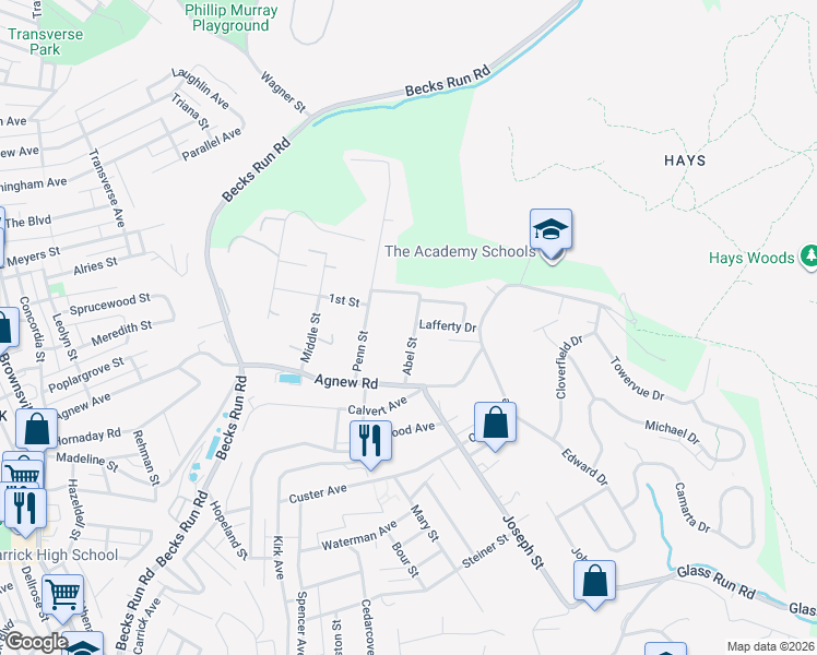 map of restaurants, bars, coffee shops, grocery stores, and more near 441 Abel Street in Pittsburgh