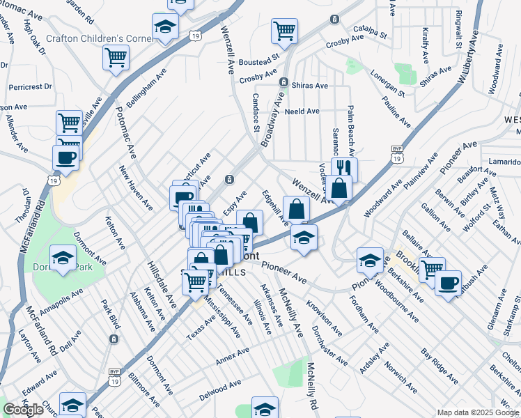 map of restaurants, bars, coffee shops, grocery stores, and more near 2700 Miles Avenue in Pittsburgh