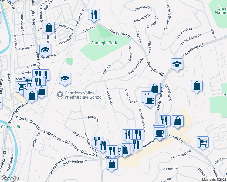 map of restaurants, bars, coffee shops, grocery stores, and more near 131 Rose Leaf Road in Pittsburgh
