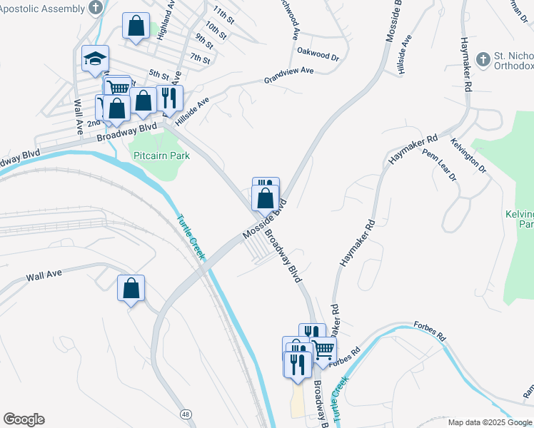 map of restaurants, bars, coffee shops, grocery stores, and more near 2125 Mosside Boulevard in Monroeville
