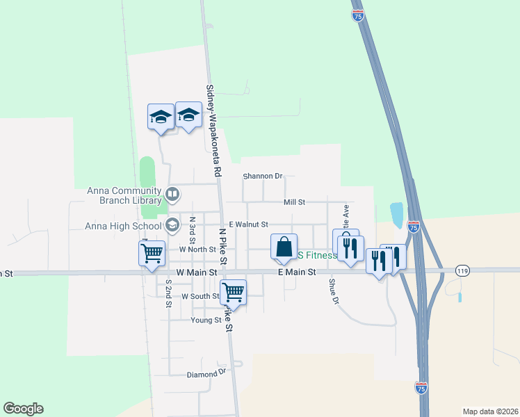 map of restaurants, bars, coffee shops, grocery stores, and more near 203 Mill Street in Anna