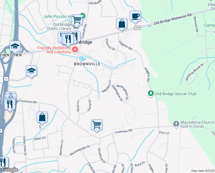 map of restaurants, bars, coffee shops, grocery stores, and more near 344 Maiden Lane in Old Bridge