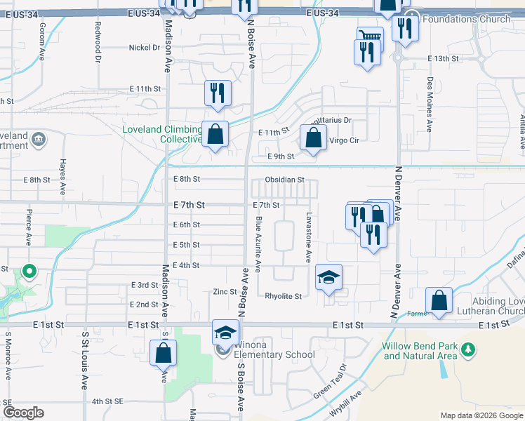 map of restaurants, bars, coffee shops, grocery stores, and more near 1698 East 7th Street in Loveland