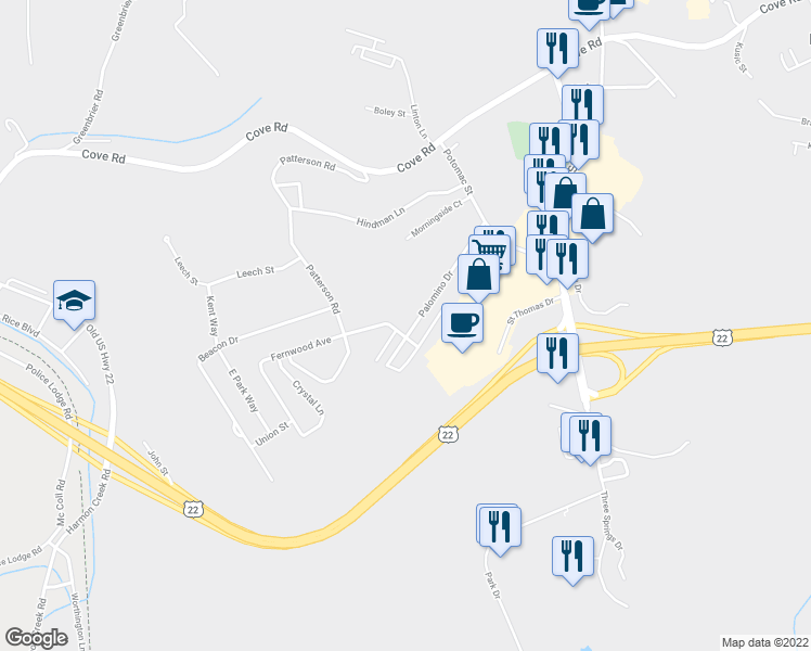 map of restaurants, bars, coffee shops, grocery stores, and more near 122 Palomino Drive in Weirton