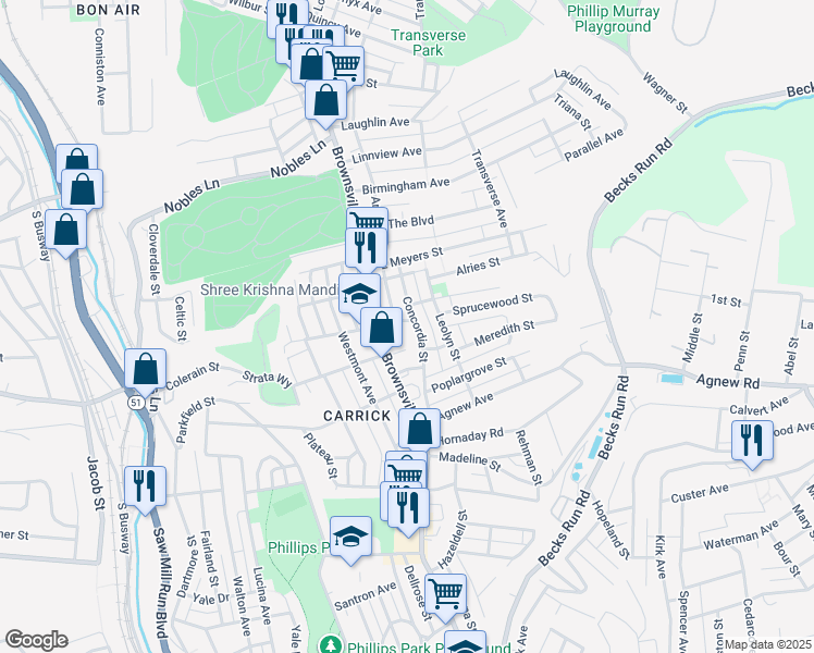 map of restaurants, bars, coffee shops, grocery stores, and more near 1712 Amanda Street in Pittsburgh