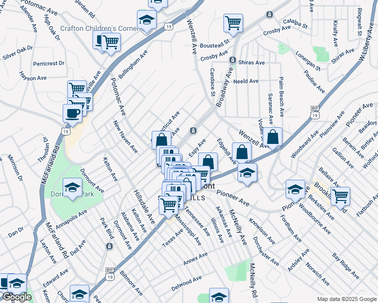 map of restaurants, bars, coffee shops, grocery stores, and more near 2810 Espy Avenue in Pittsburgh