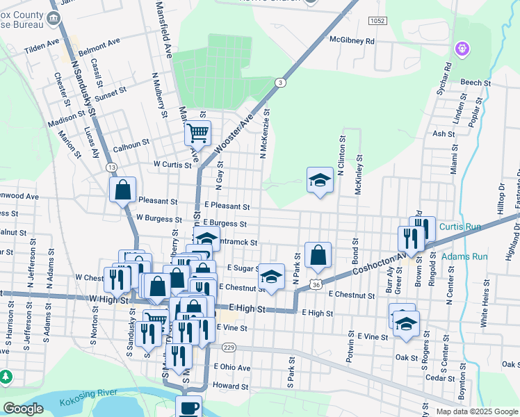 map of restaurants, bars, coffee shops, grocery stores, and more near East Pleasant Street & North McKenzie Street in Mount Vernon
