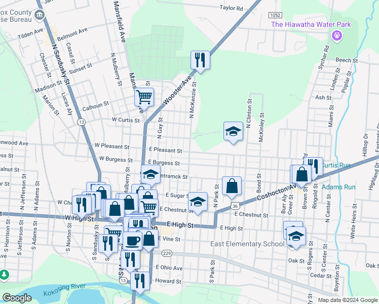 map of restaurants, bars, coffee shops, grocery stores, and more near East Pleasant Street & North McKenzie Street in Mount Vernon