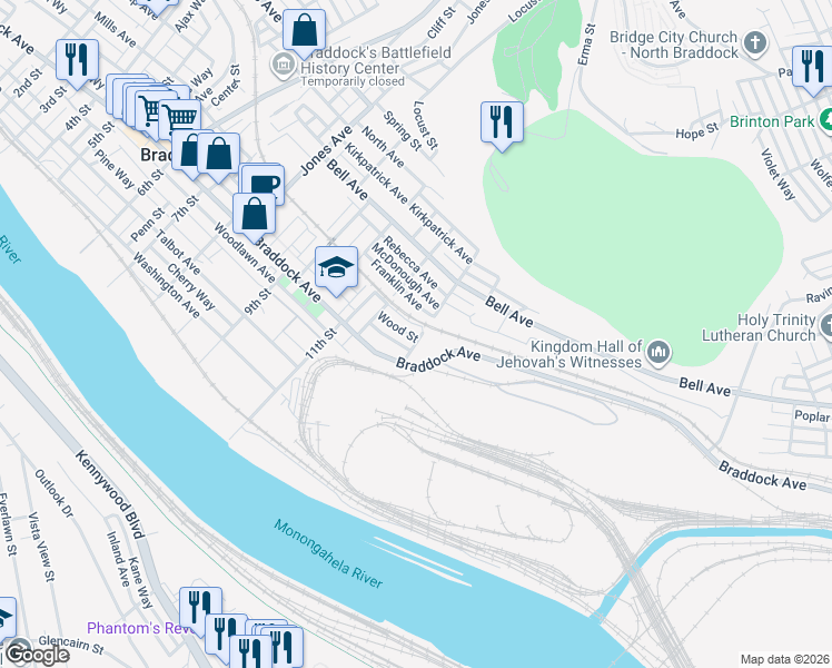 map of restaurants, bars, coffee shops, grocery stores, and more near 39 Wood Street in Braddock