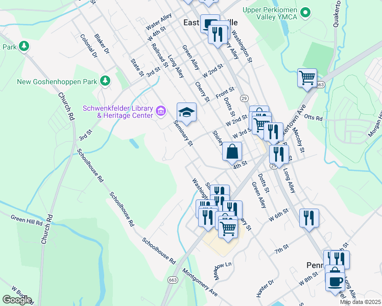 map of restaurants, bars, coffee shops, grocery stores, and more near 22 West 2nd Street in Pennsburg