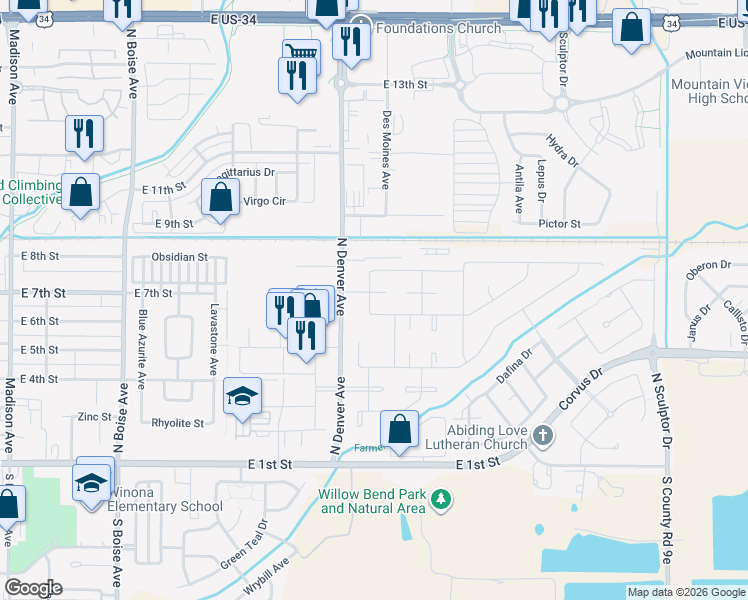 map of restaurants, bars, coffee shops, grocery stores, and more near 2315 Turquoise Street in Loveland
