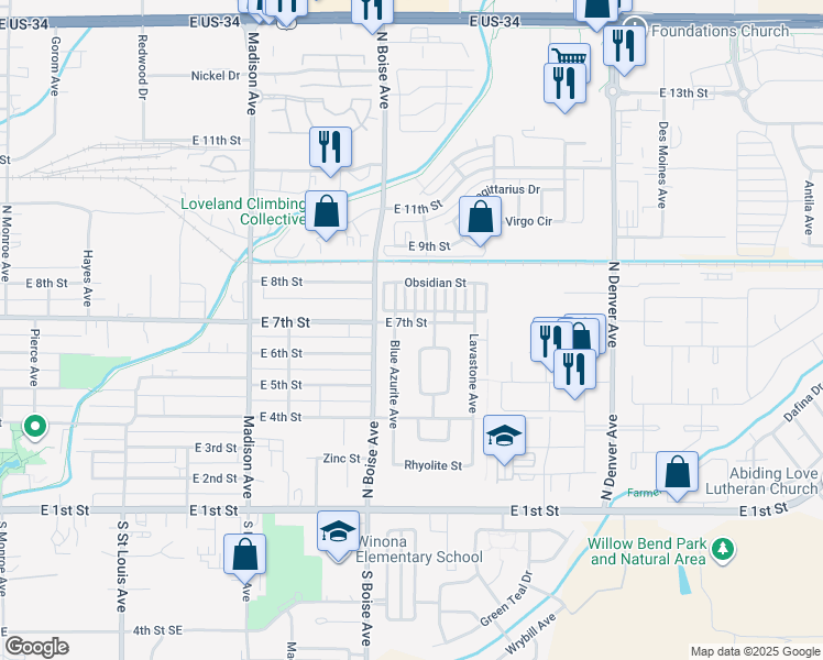 map of restaurants, bars, coffee shops, grocery stores, and more near 1698 East 7th Street in Loveland