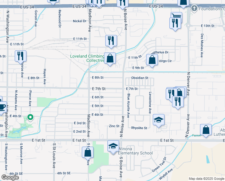 map of restaurants, bars, coffee shops, grocery stores, and more near 1408 East 7th Street in Loveland