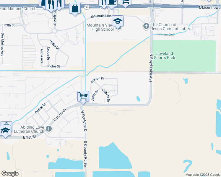 map of restaurants, bars, coffee shops, grocery stores, and more near 3437 Rhea Drive in Loveland